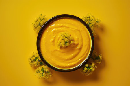 Mustard sauce in a bowl on a yellow background. Top view.の素材