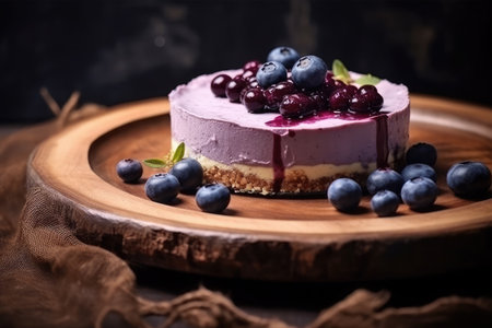 Blueberry cheesecake with fresh berries on wooden plate. Selective focus.の素材