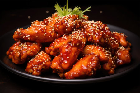 Teriyaki chicken wings in teriyaki sauce with sesame seedsの素材