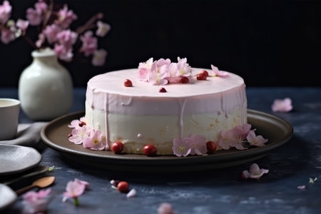 Cake with cherry blossom on a dark background. Selective focus.の素材