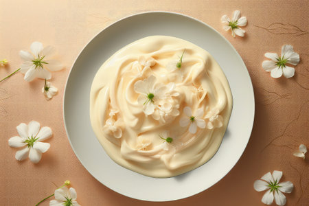 Plate with tasty cream and flowers on color background, top viewの素材
