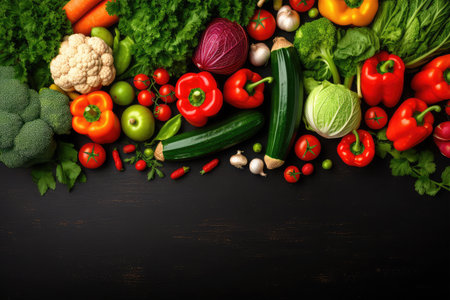 Composition with variety of fresh organic vegetables on dark wooden background. Food backgroundの素材