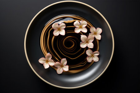 Cherry blossom petals on a black plate, top viewの素材