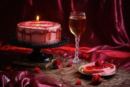 Romantic still life with cake and glass of wine on red backgroundの素材