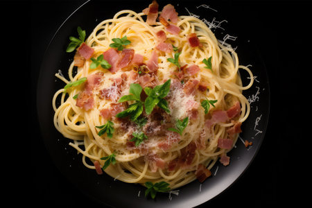 Spaghetti Carbonara with bacon and parmesan cheese on black backgroundの素材