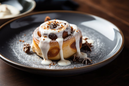 Cinnamon rolls with caramel sauce and nuts on a dark wooden backgroundの素材