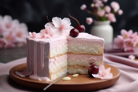 Piece of cake with cherry on wooden plate, close-upの素材