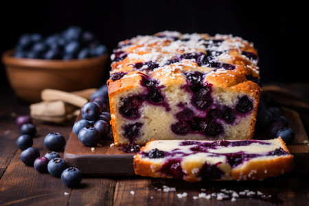 Homemade blueberry cake on wooden background. Selective focus.の素材