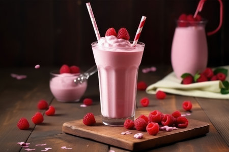 raspberry milkshake on wooden table with raspberry toppingの素材