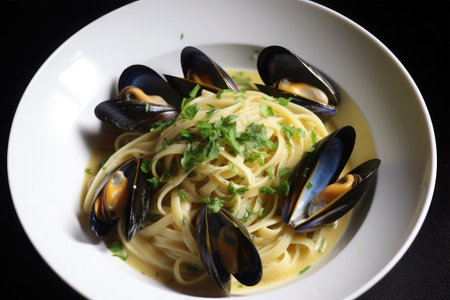 Spaghetti with mussels on a white plate on a black backgroundの素材