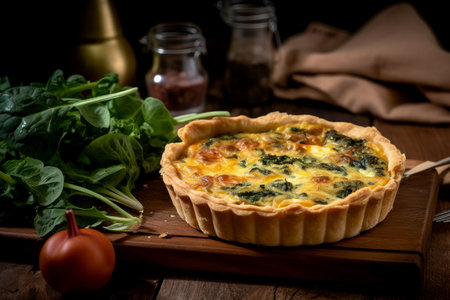 Quiche Lorraine with Spinach and Cherry Tomatoes on Wooden Backgroundの素材
