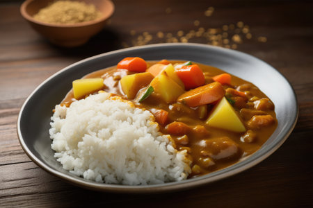 Pork curry with rice on wooden background. Selective focus.の素材