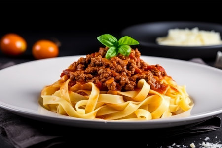 Tagliatelle pasta with bolognese sauce on a black backgroundの素材