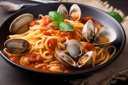 Spaghetti with clams and tomato sauce in black bowl on wooden backgroundの素材