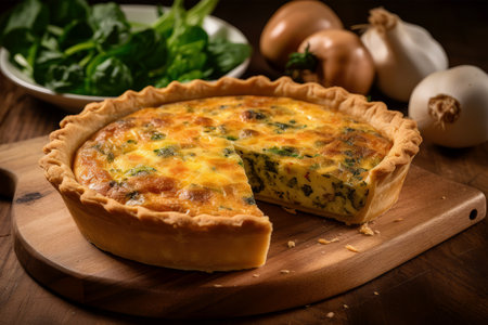 French Quiche Lorraine with Spinach and Onion on wooden boardの素材