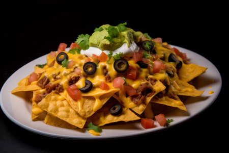 Nachos with cheese and guacamole on black backgroundの素材