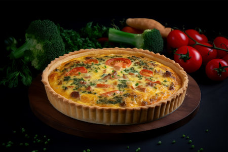 Tart with eggs, tomatoes and broccoli on a black background.の素材