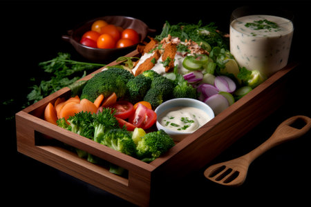 Fresh vegetable salad in wooden box on black background. Healthy food concept.の素材