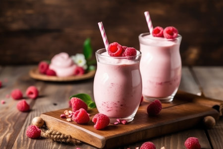 Raspberry milkshake with fresh raspberries on wooden backgroundの素材