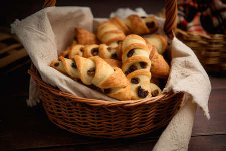 Freshly baked croissants with raisins in a basketの素材