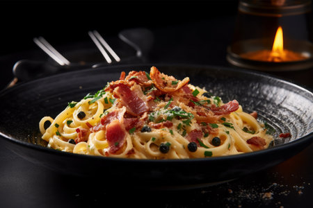 Spaghetti carbonara with bacon and black pepper on black background.の素材