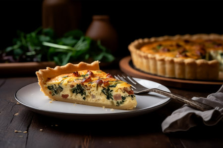 Quiche with spinach, bacon and cheese on a wooden background.の素材