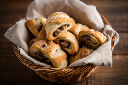 Basket of sweet buns with raisins in a rustic styleの素材