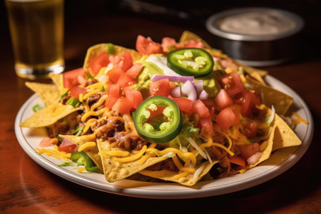 Mexican nachos with beef, guacamole and vegetablesの素材