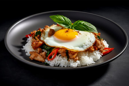 Rice with stir-fried pork and fried egg on black backgroundの素材
