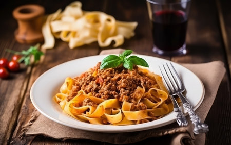Tagliatelle with bolognese sauce on wooden backgroundの素材