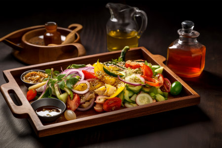 Salad of fresh vegetables on a wooden tray on a dark backgroundの素材