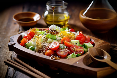 Salad with fresh vegetables and sesame seeds on a wooden boardの素材