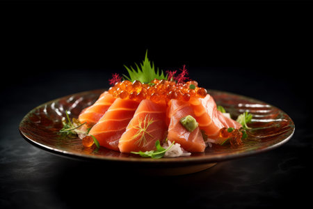 Salmon Sashimi - Japanese food style on a black backgroundの素材