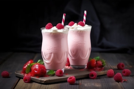 Raspberry milkshakes with whipped cream and fresh raspberriesの素材