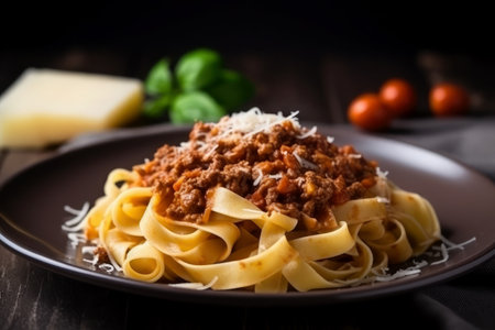 Pasta with bolognese sauce and parmesan cheese on a plateの素材
