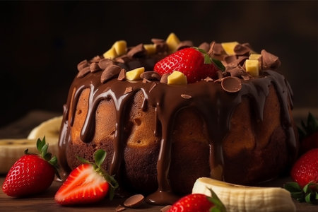 Chocolate bundt cake with chocolate glaze, strawberries and bananasの素材