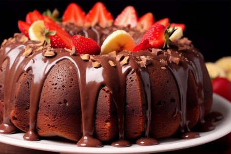Chocolate cake with strawberries, bananas and chocolate on a dark backgroundの素材