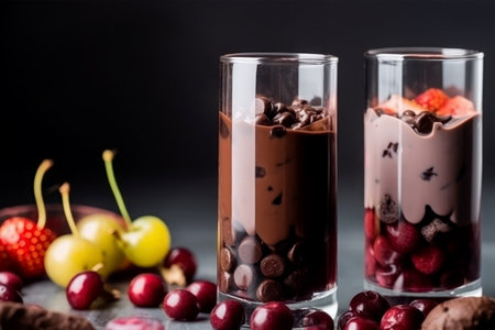 Chocolate mousse in glasses with berries on a black background.の素材