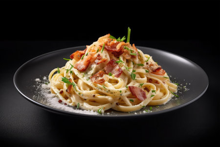 Spaghetti Carbonara with bacon and parmesan cheese on black backgroundの素材