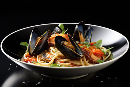 Seafood pasta with mussels and salmon on a black backgroundの素材