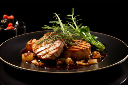 Grilled tuna steak with mushrooms and arugula on black plateの素材