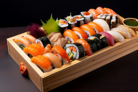 Sushi set in a wooden box on a black background, Japanese foodの素材