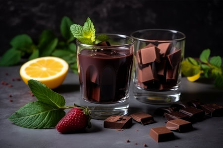 Chocolate mousse with mint and strawberries on a dark background. Selective focus.の素材