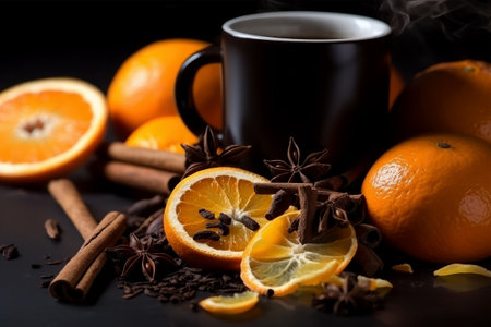 aroma hot coffee with orange fruitsの素材