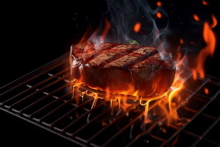 Steak on a barbecue grill with flames on a black background.の素材