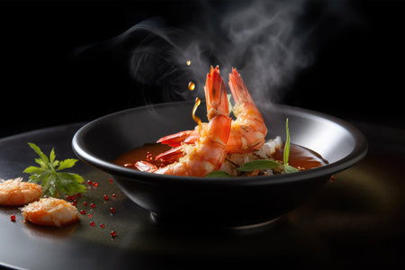 Spicy shrimps with rice in black bowl on black backgroundの素材