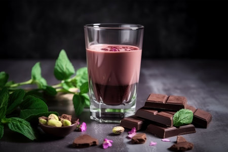 Glass of chocolate milk with mint and pieces of chocolate on dark backgroundの素材