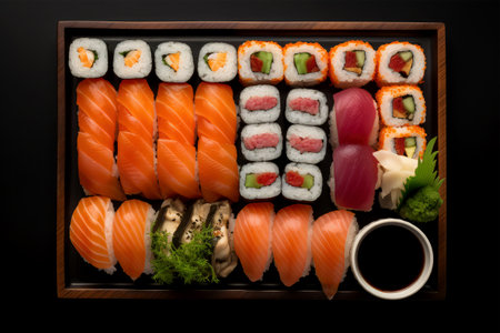 Sushi set in a wooden box on a black background, top viewの素材