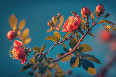 Beautiful blooming red roses on a blue background. Toned.の素材