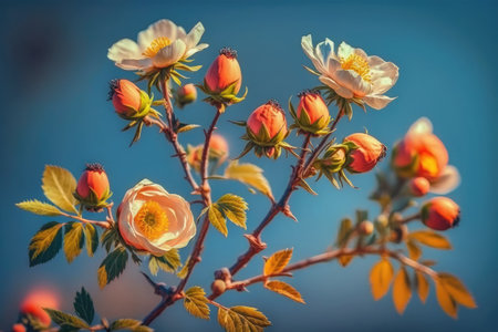 Flowers of wild rose on a background of blue sky. Toned.の素材